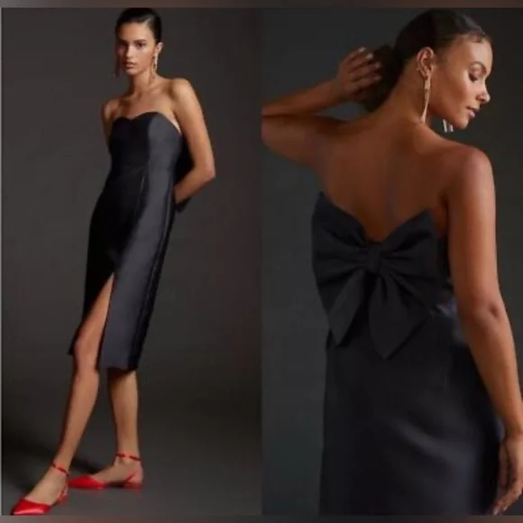 HUTCH black taffeta strapless bow back midi dress 2 - Picture 2 of 10